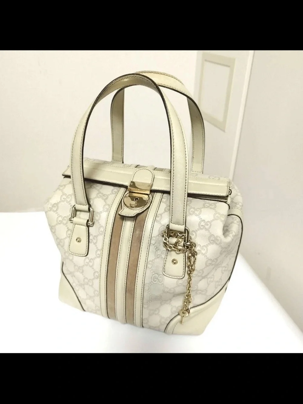 Gucci Cream and Beige Monogram Satchel with Gold Chain